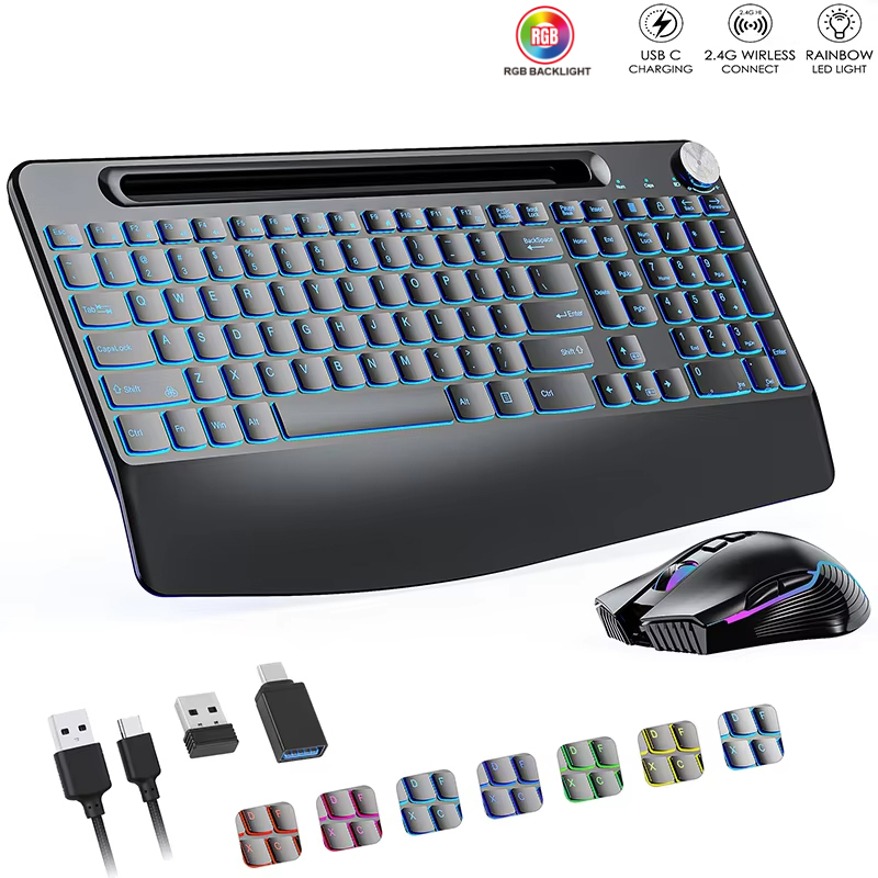 Gaming Keyboard Mouse Set - Bilek Destekli 2.4G&Type-C Kablosuz Klavye Fare